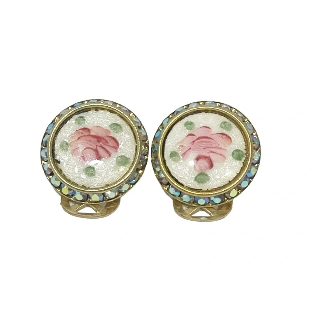 Vintage Rose Enamel Gold Tone Jeweled Clip on Earrings Jewelry